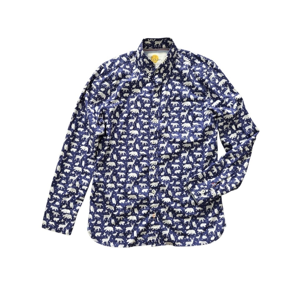 Boden Boys Woodland Animal Print Button Down Shirt Blue Cotton 13-14Y Youth Long